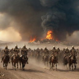 Pharaoh king and his cavalry advancing towards a village, a blaze consuming all the houses, under a sky filled with ominous clouds.