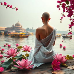 A serene and picturesque book cover featuring a slim and slender tonsured woman from behind, draped in a flowing white sari, sitting gracefully on the banks of the Ganges River