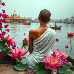 A serene and picturesque book cover featuring a slim and slender tonsured woman from behind, draped in a flowing white sari, sitting gracefully on the banks of the Ganges River