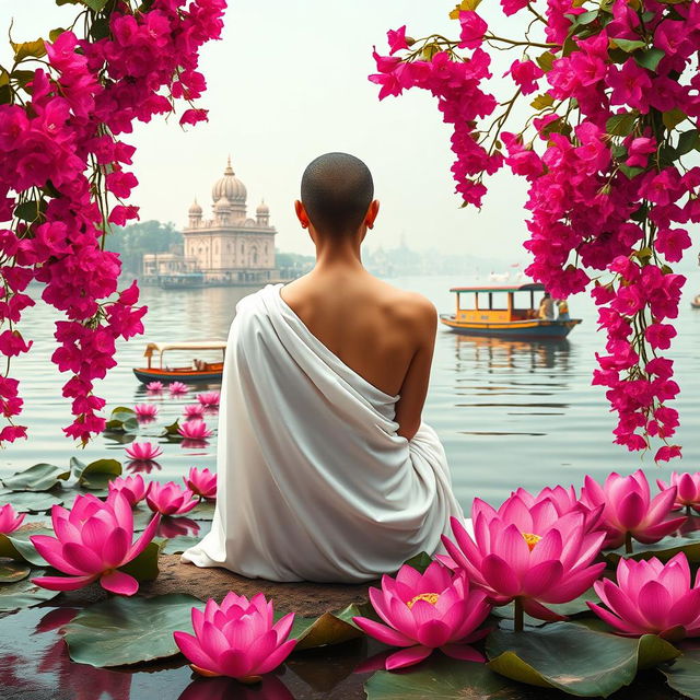 A serene and picturesque book cover featuring a slim and slender tonsured woman from behind, draped in a flowing white sari, sitting gracefully on the banks of the Ganges River