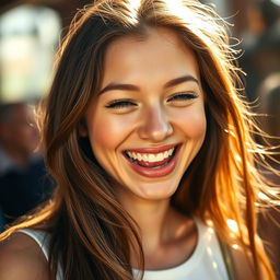 A close-up shot of a young woman with an expressive face, playfully laughing with an aura of joy and confidence