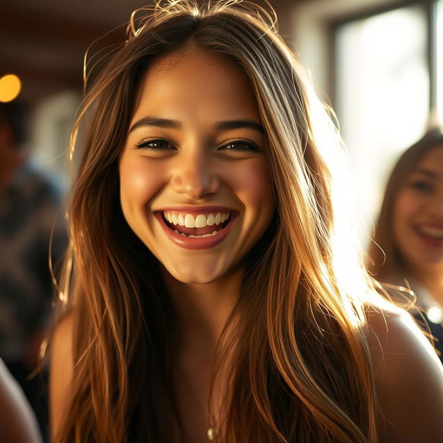 A close-up shot of a young woman with an expressive face, playfully laughing with an aura of joy and confidence