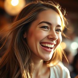 A close-up shot of a young woman with an expressive face, playfully laughing with an aura of joy and confidence