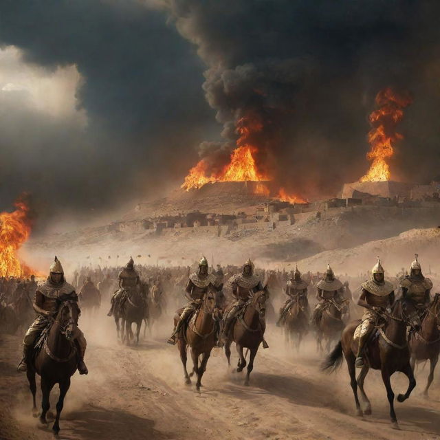 Pharaoh king and his cavalry advancing towards a village, a blaze consuming all the houses, under a sky filled with ominous clouds.