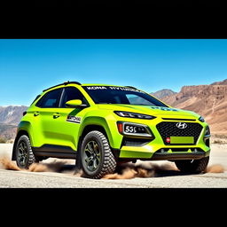 A lime green 2020 Hyundai Kona designed as a rally car, showcasing a dynamic and aggressive stance