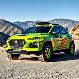A lime green 2020 Hyundai Kona designed as a rally car, showcasing a dynamic and aggressive stance