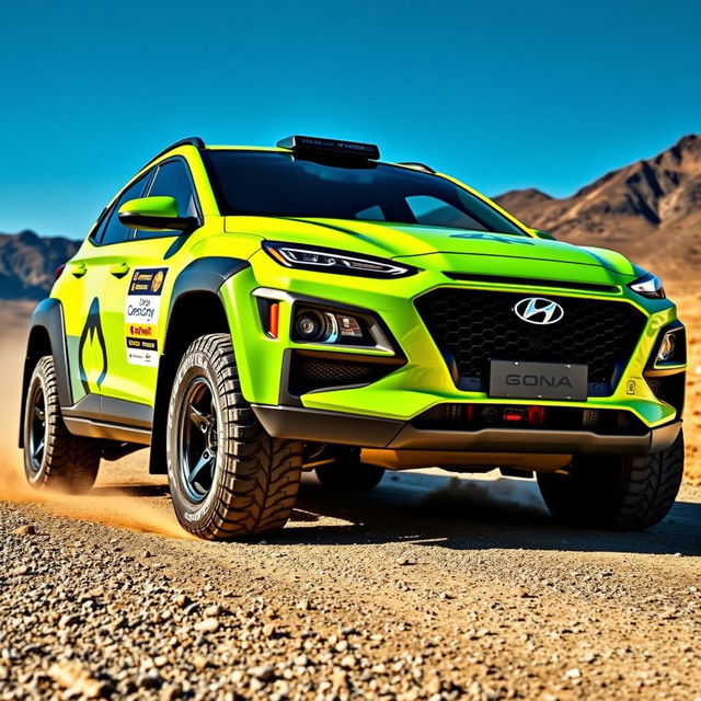 A lime green 2020 Hyundai Kona designed as a rally car, showcasing a dynamic and aggressive stance