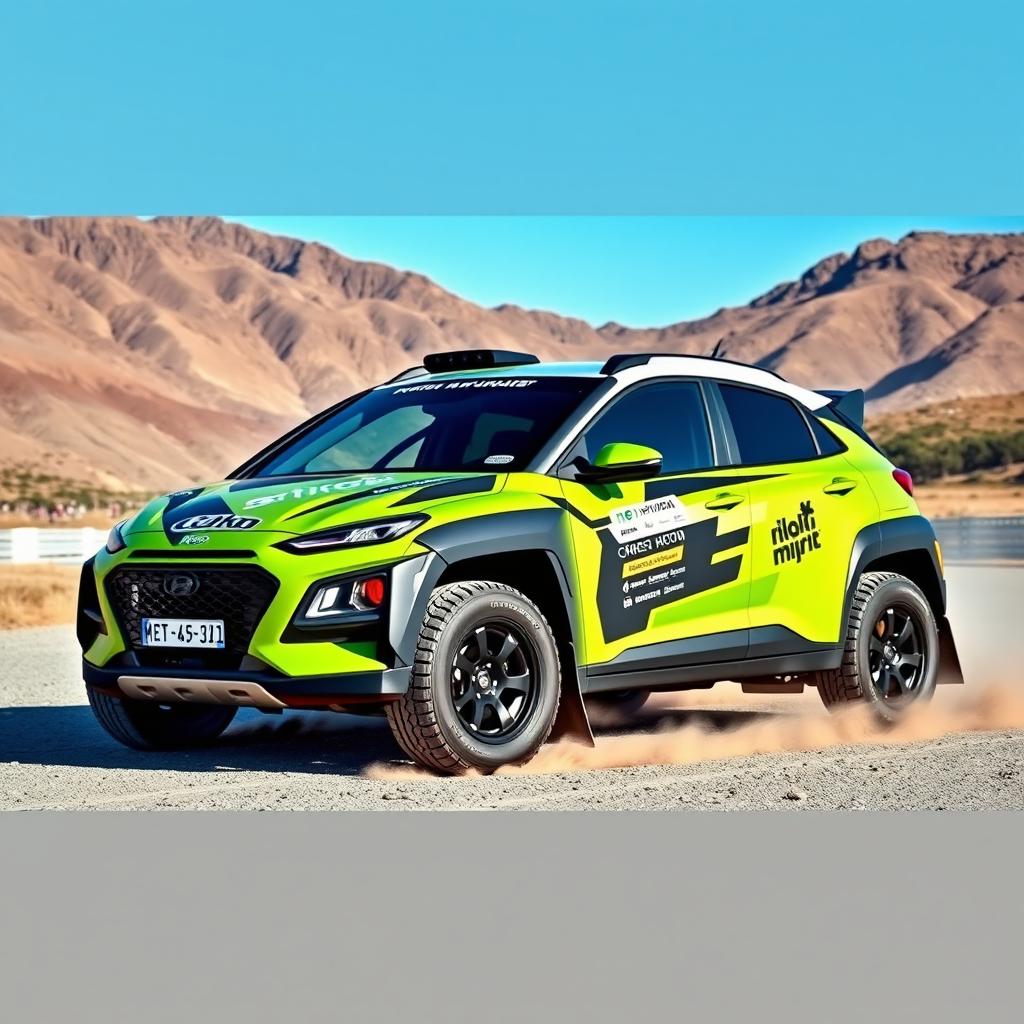 A lime green 2020 Hyundai Kona designed as a rally car, showcasing a dynamic and aggressive stance