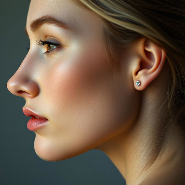 A hyper-realistic portrait of a woman's face viewed from the side, showcasing her natural features, with a focus on her ear