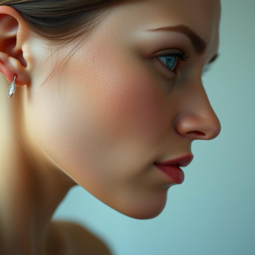 A hyper-realistic portrait of a woman's face viewed from the side, showcasing her natural features, with a focus on her ear