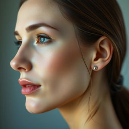 A hyper-realistic portrait of a woman's face viewed from the side, showcasing her natural features, with a focus on her ear