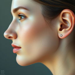 A hyper-realistic portrait of a woman's face viewed from the side, showcasing her natural features, with a focus on her ear