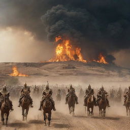 Pharaoh king and his cavalry advancing towards a village, a blaze consuming all the houses, under a sky filled with ominous clouds.