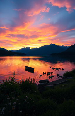 A serene landscape depicting a peaceful sunset by a calm lake, reflecting vibrant hues of orange, pink, and purple in the sky