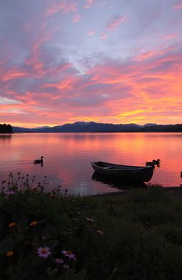 A serene landscape depicting a peaceful sunset by a calm lake, reflecting vibrant hues of orange, pink, and purple in the sky