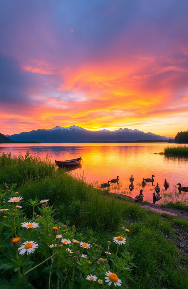 A serene landscape depicting a peaceful sunset by a calm lake, reflecting vibrant hues of orange, pink, and purple in the sky