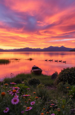 A serene landscape depicting a peaceful sunset by a calm lake, reflecting vibrant hues of orange, pink, and purple in the sky
