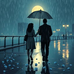 A romantic scene depicting a beautiful long-distance love story on a rainy night