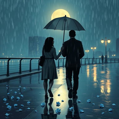 A romantic scene depicting a beautiful long-distance love story on a rainy night