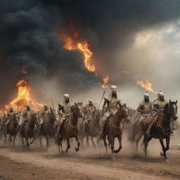 Pharaoh king and his cavalry advancing towards a village, a blaze consuming all the houses, under a sky filled with ominous clouds.