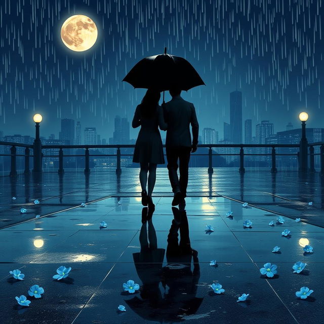 A romantic scene depicting a beautiful long-distance love story on a rainy night