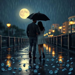 A romantic scene depicting a beautiful long-distance love story on a rainy night