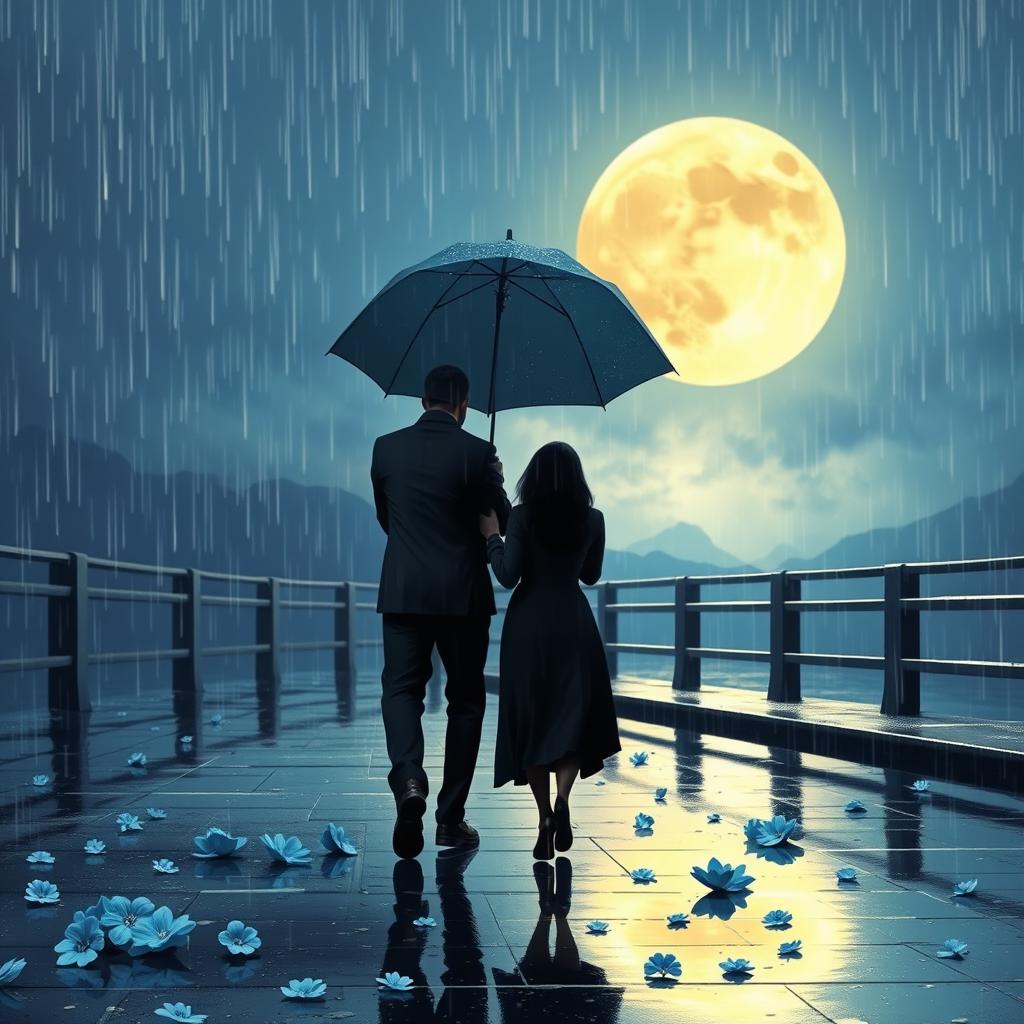 A romantic scene depicting a beautiful long-distance love story on a rainy night