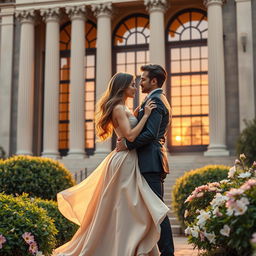 A captivating book cover design featuring a romantic couple in love, embraced tenderly, in front of a grand library