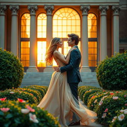 A captivating book cover design featuring a romantic couple in love, embraced tenderly, in front of a grand library