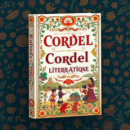 A captivating book cover design for a Cordel literature title, featuring intricate and colorful decoreis and traditional xilogravura illustrations