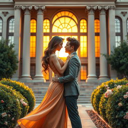 A captivating book cover design featuring a romantic couple in love, embraced tenderly, in front of a grand library