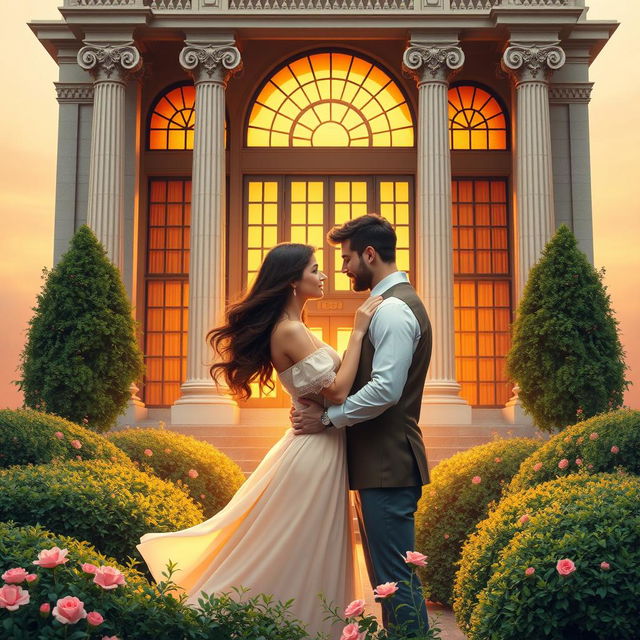 A captivating book cover design featuring a romantic couple in love, embraced tenderly, in front of a grand library