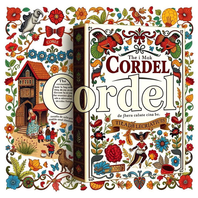 A captivating book cover design for a Cordel literature title, featuring intricate and colorful decoreis and traditional xilogravura illustrations