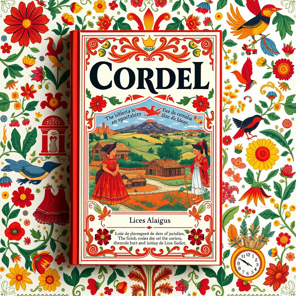 A captivating book cover design for a Cordel literature title, featuring intricate and colorful decoreis and traditional xilogravura illustrations