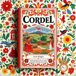 A captivating book cover design for a Cordel literature title, featuring intricate and colorful decoreis and traditional xilogravura illustrations