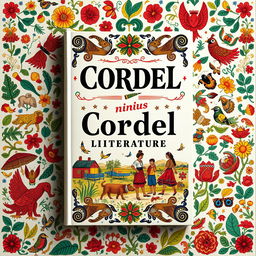 A captivating book cover design for a Cordel literature title, featuring intricate and colorful decoreis and traditional xilogravura illustrations