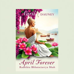 A serene book cover design featuring a slim and slender woman with a tonsured head, wearing a white flowing sari