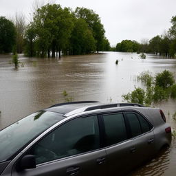 An SUV submerged in a flooded river up to just above the side mirror level, emphasizing the depth and power of the flooding water.