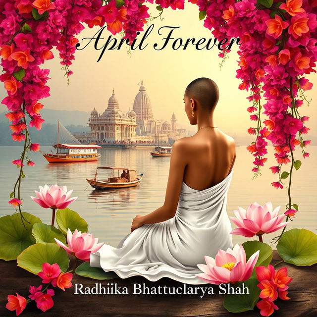 A serene book cover design featuring a slim and slender woman with a tonsured head, wearing a white flowing sari