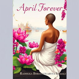 A serene book cover design featuring a slim and slender woman with a tonsured head, wearing a white flowing sari