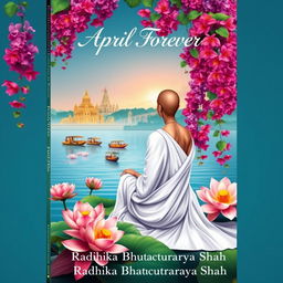 A serene book cover design featuring a slim and slender woman with a tonsured head, wearing a white flowing sari