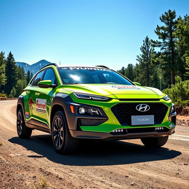 A striking lime green 2020 Hyundai Kona transformed into a rally car, showcasing an aggressive and sporty design