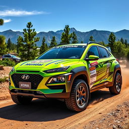 A striking lime green 2020 Hyundai Kona transformed into a rally car, showcasing an aggressive and sporty design