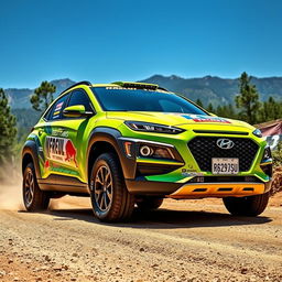 A striking lime green 2020 Hyundai Kona transformed into a rally car, showcasing an aggressive and sporty design