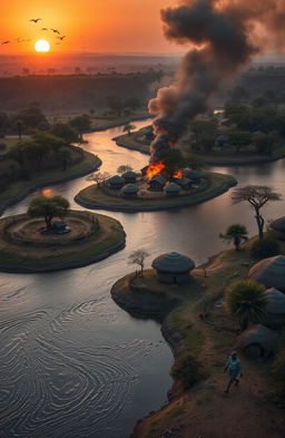 An aerial view of three African villages beside a flowing river with large banks and towering trees along its edges