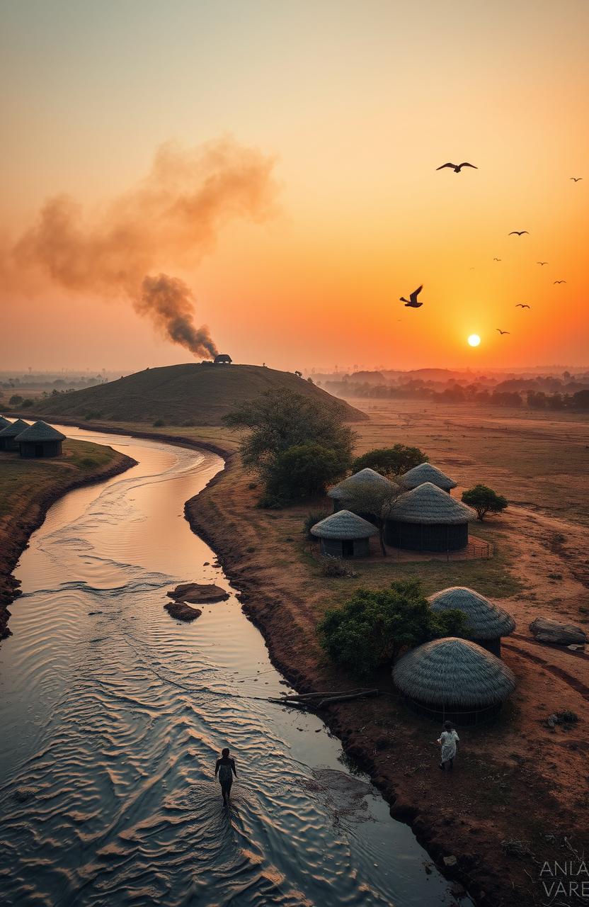 An aerial view of three African villages beside a flowing river with large banks and towering trees along its edges