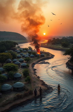 An aerial view of three African villages beside a flowing river with large banks and towering trees along its edges