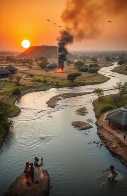 An aerial view of three African villages beside a flowing river with large banks and towering trees along its edges