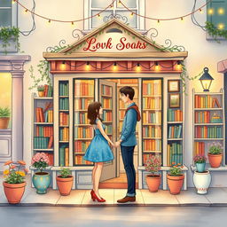 An enchanting and lovely book cover design illustrated in a whimsical style, featuring a romantic couple in love standing in front of a charming bookshop