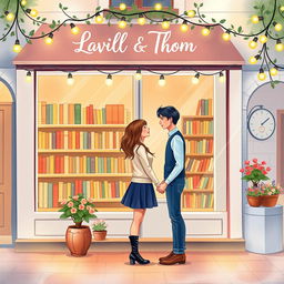 An enchanting and lovely book cover design illustrated in a whimsical style, featuring a romantic couple in love standing in front of a charming bookshop